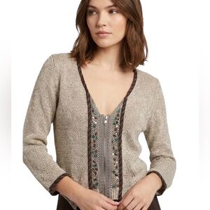 Free People Women's Gray Waffle Knit Beaded Cropped Zip Up Cardigan